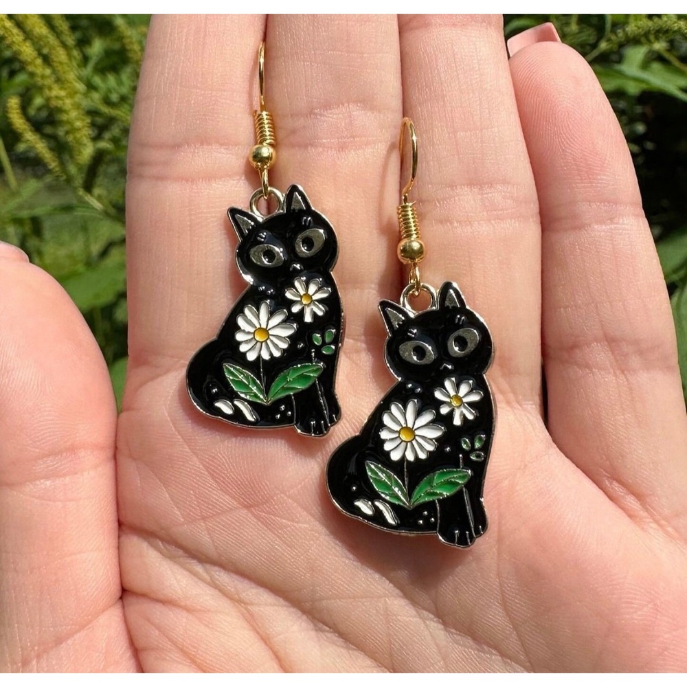 Black Cat with Flowers Drop Earrings | Floral, Dangle Earrings, Halloween, Jewel
